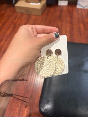 Woven Disc Drop Earrings – Cream with Gold Accents